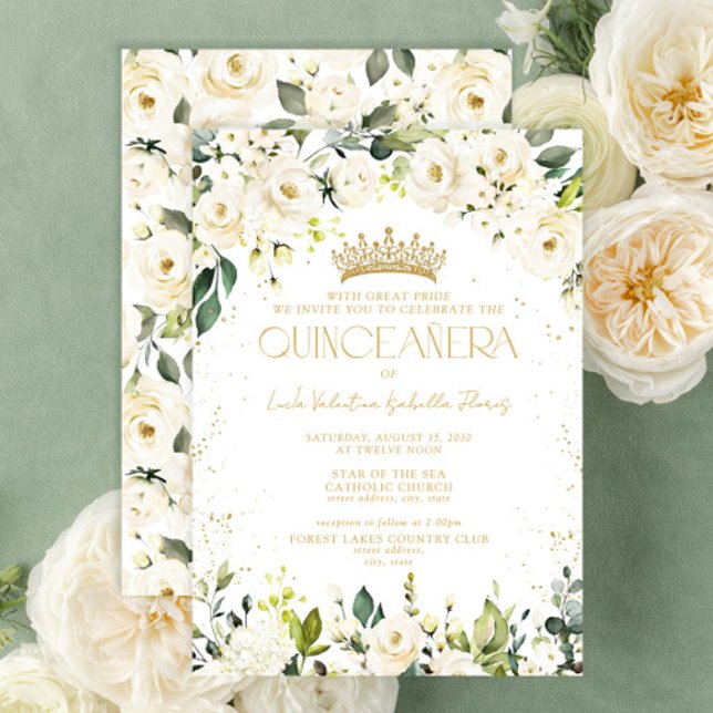Invitación Elegante y moderno Floral de oro blanco Quinceañer (Subido por el creador)