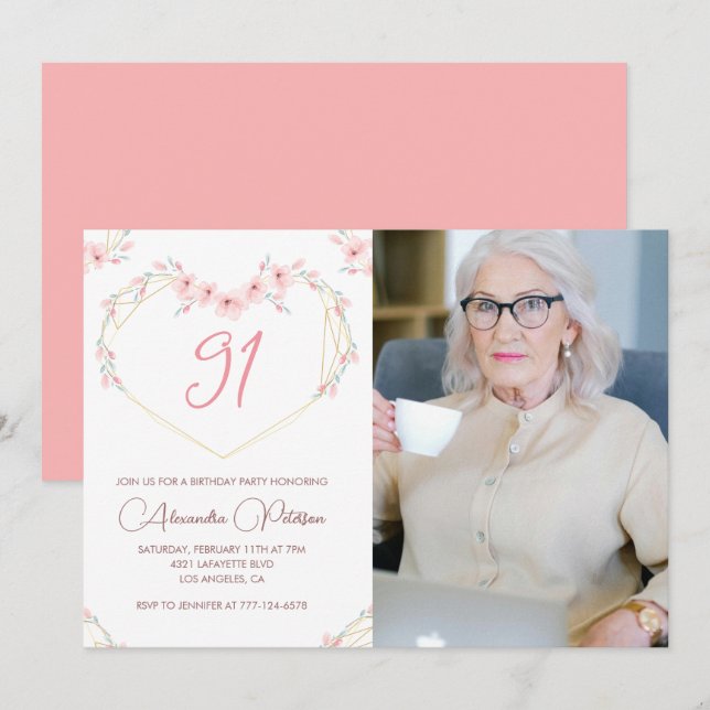 Invitación Elegante y moderno foto de Boho floral 91 cumpleañ (Anverso / Reverso)