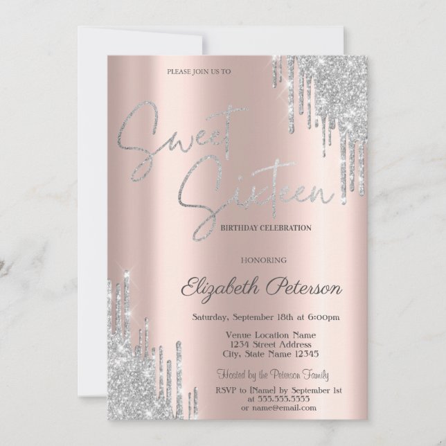 Invitación Elegante y moderno goteo de plata dulce 16 (Anverso)