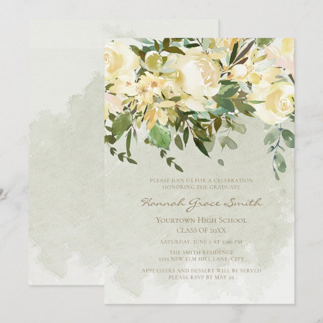 Invitación Elegante y moderno Graduación de Eucalipto Floral  (Anverso / Reverso)