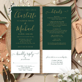 Invitación Elegante y moderno guión de oro verde esmeralda