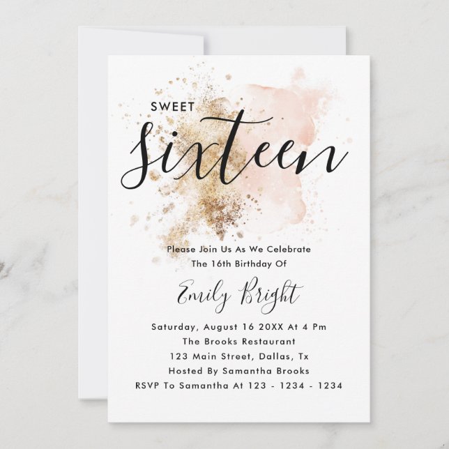 Invitación Elegante Y Moderno Guión Rosa Y Dorado Dulce 16 (Anverso)