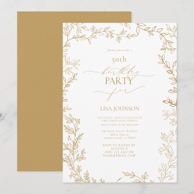 Invitación Elegante y moderno Leaf Gold 50 cumpleaños (Anverso / Reverso)