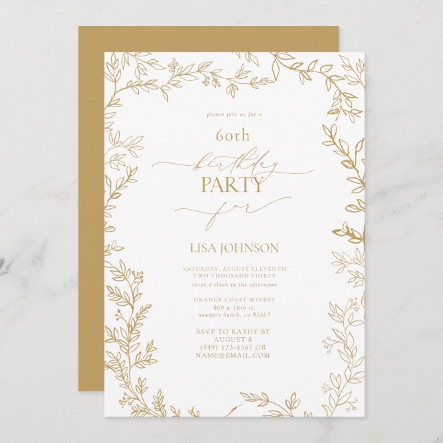 Invitación Elegante y moderno Leaf Gold 60 cumpleaños (Anverso / Reverso)
