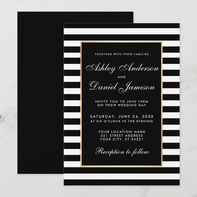 Invitación Elegante y moderno matrimonio a rayas invita a BW (Anverso / Reverso)