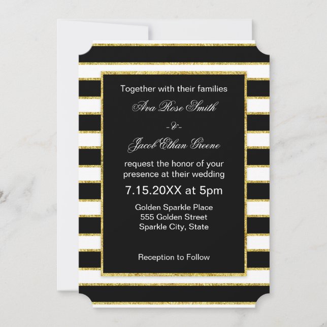 Invitación Elegante y moderno negro, blanco, franjas de oro f (Anverso)