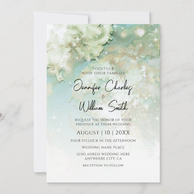 Invitación Elegante y moderno Ombre De Mármol De Oro Verde (Anverso)