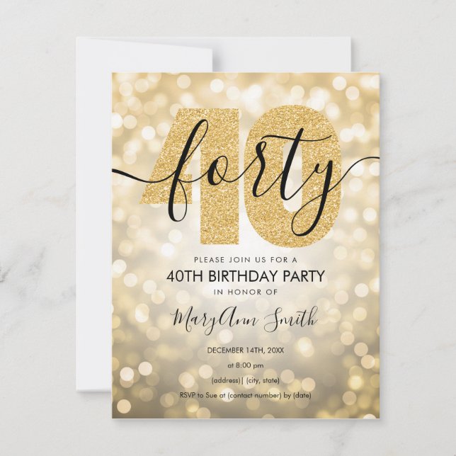 Invitación Elegante y moderno oro 40 cumpleaños de fiesta (Anverso)