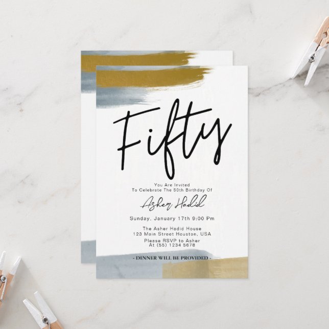 Invitación Elegante y moderno Oro CINCUENTA Fiesta de cumplea (Anverso/Reverso In Situ)