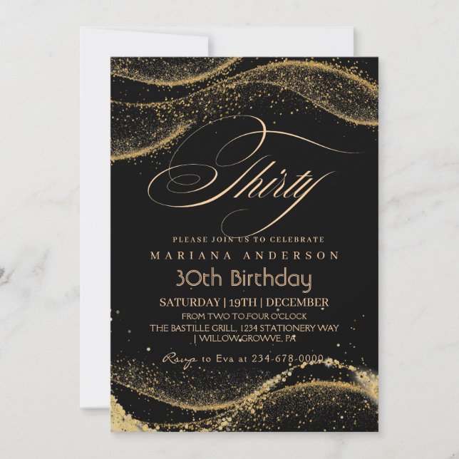 Invitación Elegante y moderno oro negro 30 cumpleaños Invita (Anverso)