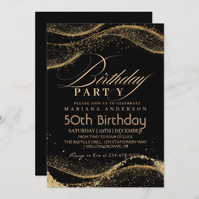 Invitación Elegante y moderno oro negro 50 cumpleaños (Anverso / Reverso)