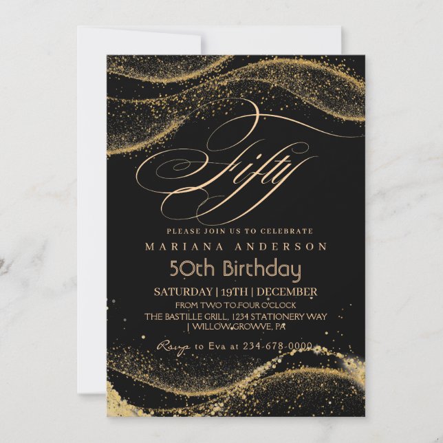 Invitación Elegante y moderno oro negro 50 cumpleaños Invita (Anverso)