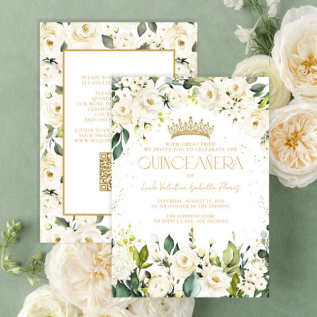 Invitación Elegante y moderno QR Floral de oro blanco Quincea (Subido por el creador)