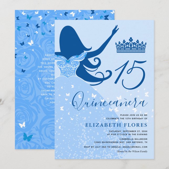 Invitación Elegante y moderno Quinceañera Azul Azul (Anverso / Reverso)