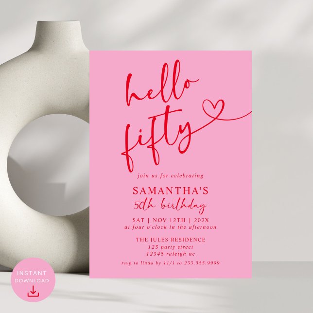 Invitación Elegante y moderno Red Rosa Hola 50 cumpleaños (Subido por el creador)