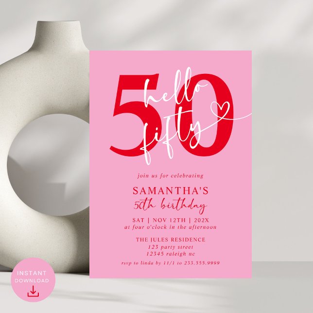 Invitación Elegante y moderno Red Rosa Hola 50 cumpleaños (Subido por el creador)