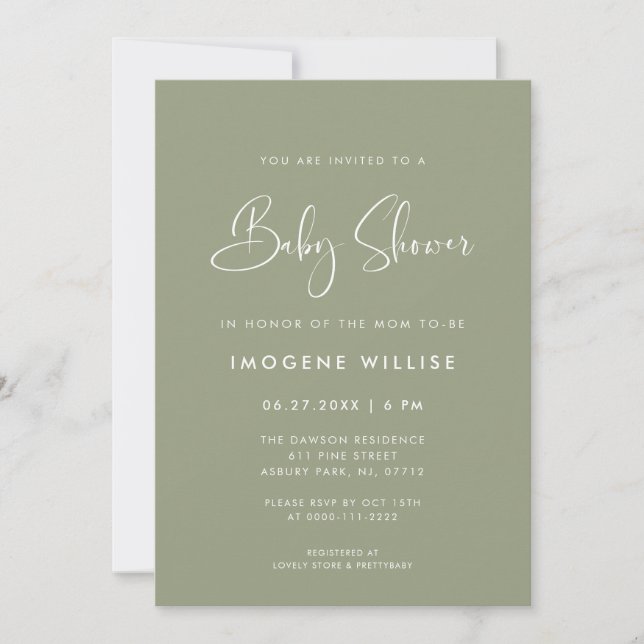 Invitación Elegante y moderno Sage Green Baby Shower (Anverso)