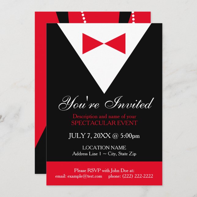 Invitación Elegante y moderno Tuxedo rojo negro formal (Anverso / Reverso)