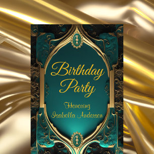 Invitación Elegante y Ornamentado Cumpleaños con Jade y Oro E