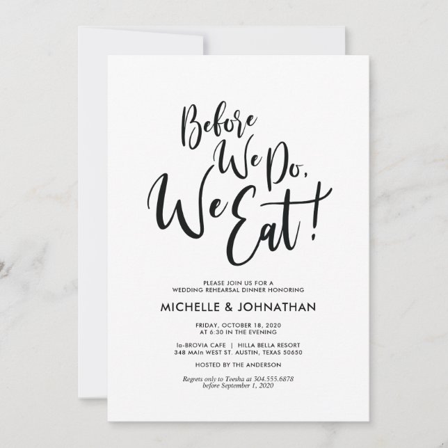 Invitación Elegante y perfecto ensayo de bodas invitan a cena (Anverso)