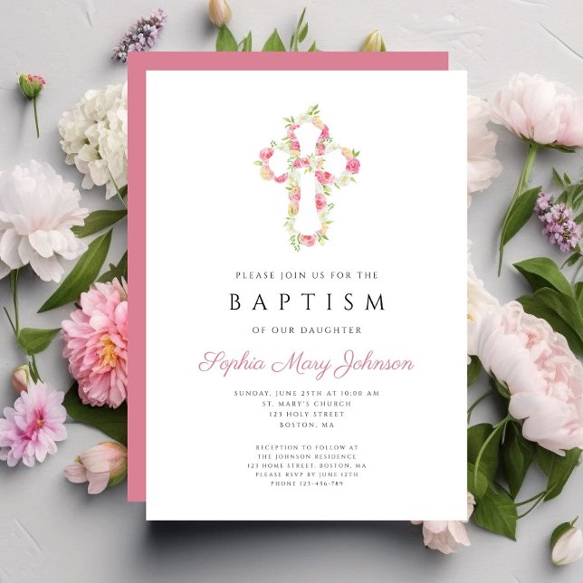 Invitación Elegante y personalizado bautismo de cruz floral r (Personalized Elegant Pink Floral Cross Baptism Invitation)