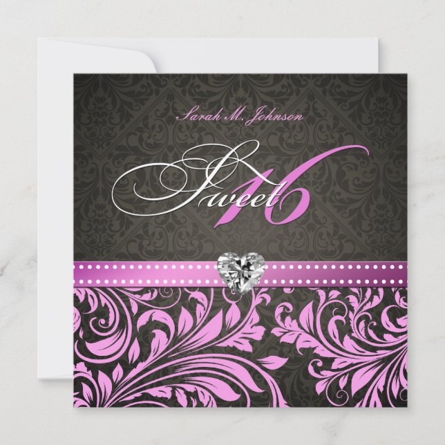 Invitación Elegante y personalizado Damasco negro y rosa dulc (Anverso)