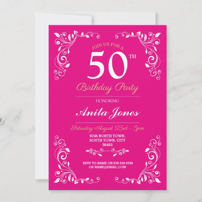 Invitación Elegante y rosa de las mujeres de cumpleaños 50 co (Anverso)