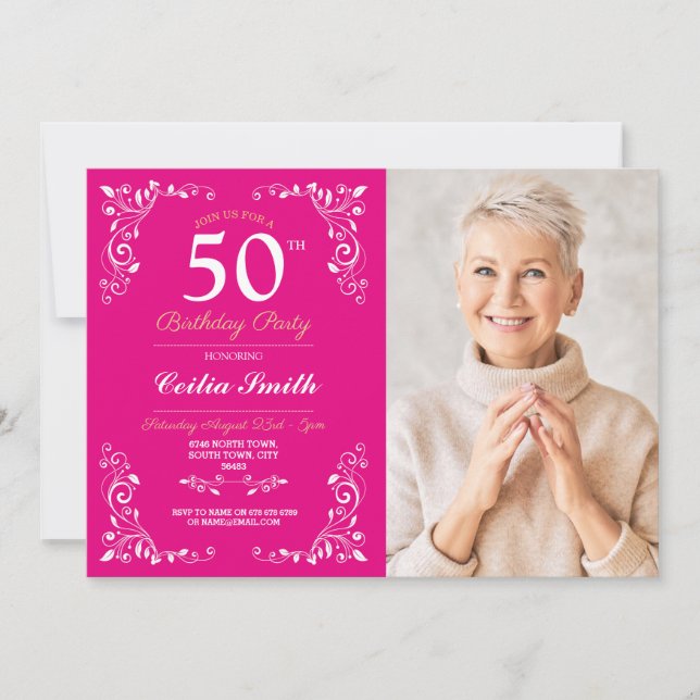 Invitación Elegante y rosa foto de Aniversario de la mujer co (Anverso)