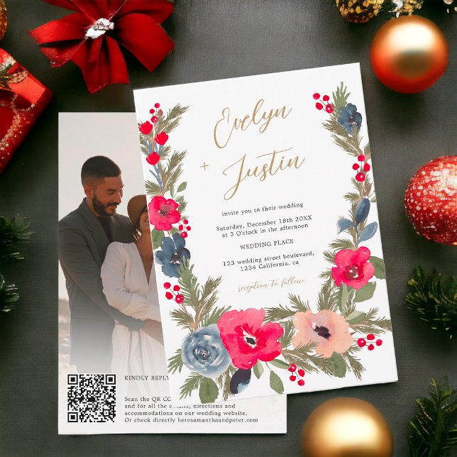 Invitación Elegante y rústico Boda de código Qr foto de Flora (Rustic Elegant Winter Floral photo Qr code Wedding Invitation)