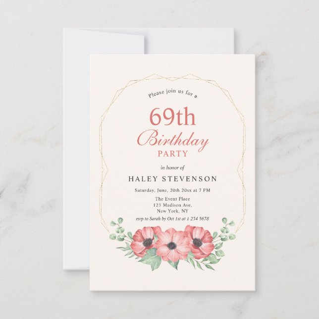 Invitación Elegante y rústico Rubor Floral rosa 69 cumpleaños (Anverso)