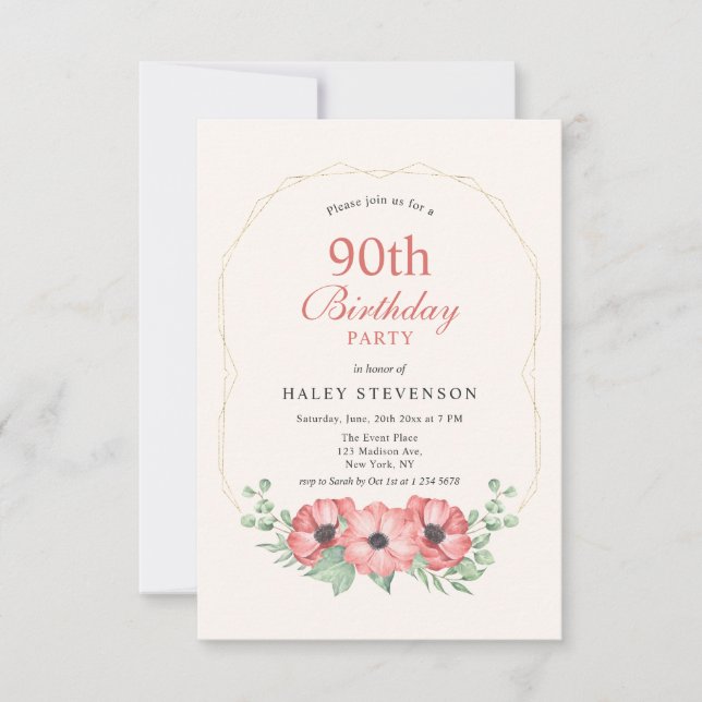 Invitación Elegante y rústico Rubor Floral rosa 90 cumpleaños (Anverso)
