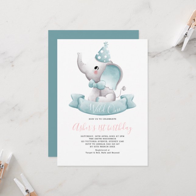 Invitación Elegante y salvaje Un Elefante Primer Cumpleaños (Anverso/Reverso In Situ)