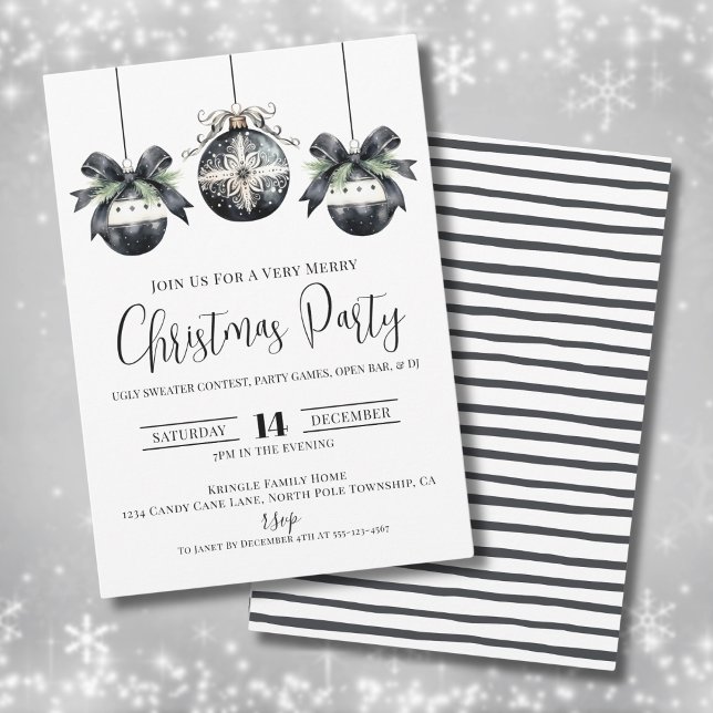 Invitación Elegante y Sencilla Fiesta de Navidad en Blanco y  (Elegant Simple Black White Christmas Party Invitation)