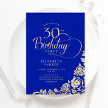Invitación Elegante y simple 30 años de Rosas Royal Blue Gold<br><div class="desc">Sencilla y elegante invitación a la fiesta de cumpleaños número 30 en azul real y oro. Diseño elegante con rosas, Relieve metalizado de oro falso y tipo de letra de guión de tipografía. La carta de invitación a la moda es perfecta para una elegante celebración de cumpleaños femenina. Personaliza con...</div>
