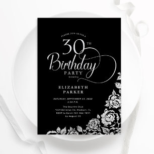 Invitación Elegante y simple 30 años Rosas de plata negra