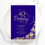 Invitación Elegante y simple 40 años Rosas de oro morado<br><div class="desc">Sencilla y elegante invitación a la fiesta de cumpleaños número 40 en morado y oro. Diseño elegante con rosas, Relieve metalizado de oro falso y tipo de letra de guión de tipografía. La carta de invitación a la moda es perfecta para una elegante celebración de cumpleaños femenina. Personaliza con tus...</div>