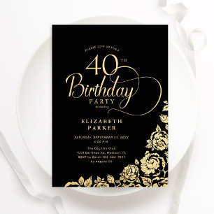 Invitación Elegante y simple 40 años Rosas de oro negro