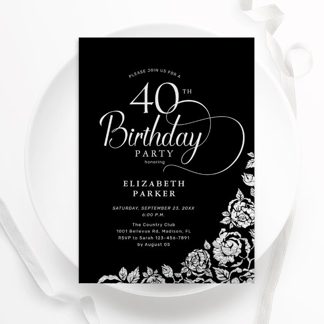 Invitación Elegante y simple 40 años Rosas de plata negra (Subido por el creador)