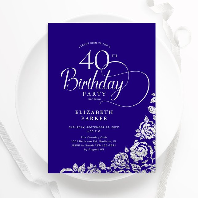 Invitación Elegante y simple 40 años Rosas de Plata Púrpura (Subido por el creador)