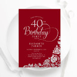 Invitación Elegante y simple 40 años Rosas de Plata Roja<br><div class="desc">Sencilla y elegante invitación a la fiesta de cumpleaños número 40 en rojo y plata. Diseño elegante con rosas, Relieve metalizado falso plateado y tipo de letra de guión tipográfico. La carta de invitación a la moda es perfecta para una elegante celebración de cumpleaños femenina. Personaliza con tus propios detalles....</div>