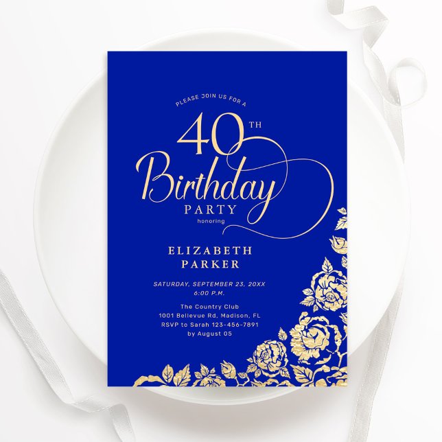 Invitación Elegante y simple 40 años Rosas del oro azul real (Subido por el creador)