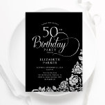 Invitación Elegante y simple 50 años Rosas de plata negra<br><div class="desc">Sencilla y elegante invitación a la fiesta de cumpleaños número 50 en negro y plata. Diseño elegante con rosas, Relieve metalizado falso plateado y tipo de letra de guión tipográfico. La carta de invitación a la moda es perfecta para una elegante celebración de cumpleaños femenina. Personaliza con tus propios detalles....</div>