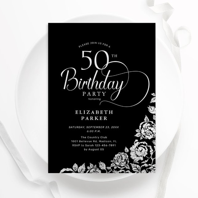 Invitación Elegante y simple 50 años Rosas de plata negra (Subido por el creador)