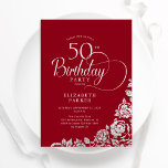 Invitación Elegante y simple 50 años Rosas de Plata Roja<br><div class="desc">Sencilla y elegante invitación a la fiesta de cumpleaños número 50 en rojo y plata. Diseño elegante con rosas, Relieve metalizado falso plateado y tipo de letra de guión tipográfico. La carta de invitación a la moda es perfecta para una elegante celebración de cumpleaños femenina. Personaliza con tus propios detalles....</div>