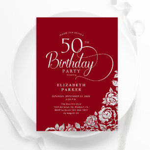 Invitación Elegante y simple 50 años Rosas de Plata Roja