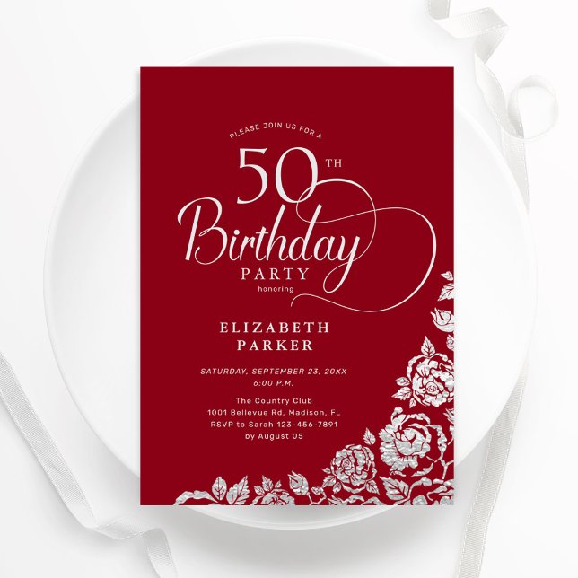 Invitación Elegante y simple 50 años Rosas de Plata Roja (Subido por el creador)