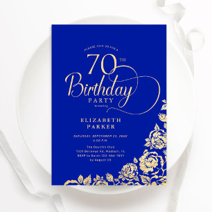 Invitación Elegante y simple 70 años Rosas del oro azul real