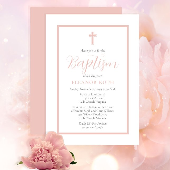 Invitación Elegante y simple bautismo de Chica rosa Rubor Min (Subido por el creador)