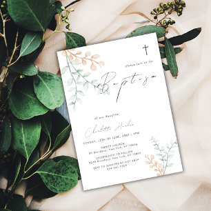 Invitación Elegante y simple bautismo eucalipto cruzado