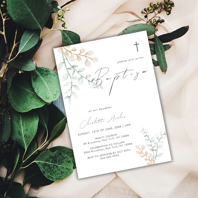 Invitación Elegante y simple bautismo eucalipto cruzado (Simple Elegant Eucalyptus Cross Baptism Invitation)